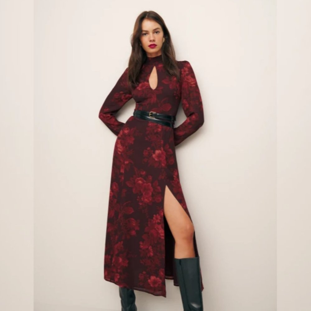 NWOT Reformation Castalia Dress in Sanguine Red Black Floral Midi Mock Neck